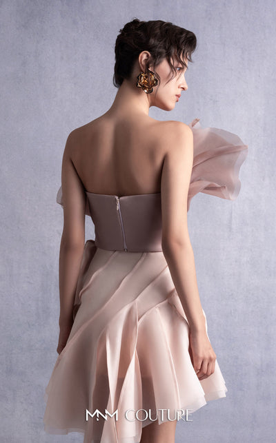 MNM Couture GOS2514 Nude flared organza skirt with layered detailing and coffee-toned organza top with sculptural ruffles and asymmetrical design. | Couture Shop LA