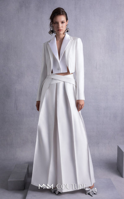 MNM Couture GOS2515 Wide-leg piqué pants with pleated front detailing and cropped piqué and razmir jacket with tailored lapels. | Couture Shop LA