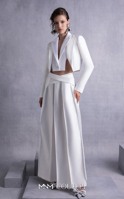 MNM Couture GOS2515 Wide-leg piqué pants with pleated front detailing and cropped piqué and razmir jacket with tailored lapels. | Couture Shop LA