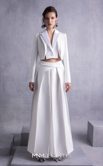 MNM Couture GOS2515 Wide-leg piqué pants with pleated front detailing and cropped piqué and razmir jacket with tailored lapels. | Couture Shop LA