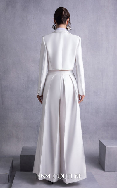 MNM Couture GOS2515 Wide-leg piqué pants with pleated front detailing and cropped piqué and razmir jacket with tailored lapels. | Couture Shop LA
