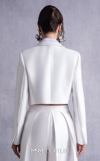 MNM Couture GOS2515 Wide-leg piqué pants with pleated front detailing and cropped piqué and razmir jacket with tailored lapels. | Couture Shop LA