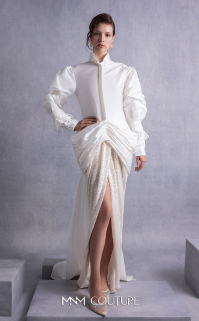 MNM Couture GOS2516 Sequined maxi envelope skirt with high slit and open-back taffeta blouse with puffed sleeves and sweeping train. | Couture Shop LA