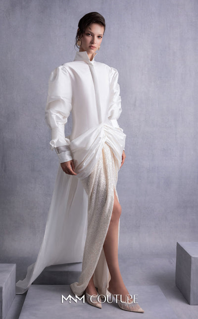 MNM Couture GOS2516 Sequined maxi envelope skirt with high slit and open-back taffeta blouse with puffed sleeves and sweeping train. | Couture Shop LA