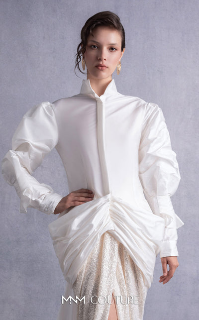 MNM Couture GOS2516 Sequined maxi envelope skirt with high slit and open-back taffeta blouse with puffed sleeves and sweeping train. | Couture Shop LA