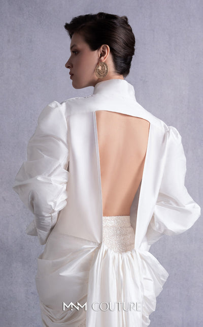 MNM Couture GOS2516 Sequined maxi envelope skirt with high slit and open-back taffeta blouse with puffed sleeves and sweeping train. | Couture Shop LA