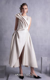 MNM Couture GOS2517 Gold champagne razmir dress with draped shoulder, cinched waist, and high slit, perfect for elegant evenings. | Couture Shop LA