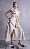 MNM Couture GOS2517 Gold champagne razmir dress with draped shoulder, cinched waist, and high slit, perfect for elegant evenings. | Couture Shop LA