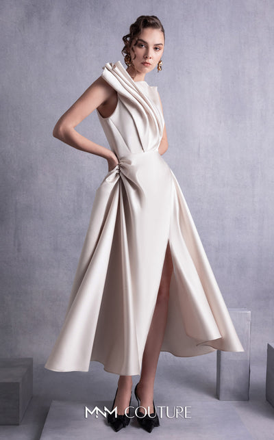 MNM Couture GOS2517 Gold champagne razmir dress with draped shoulder, cinched waist, and high slit, perfect for elegant evenings. | Couture Shop LA