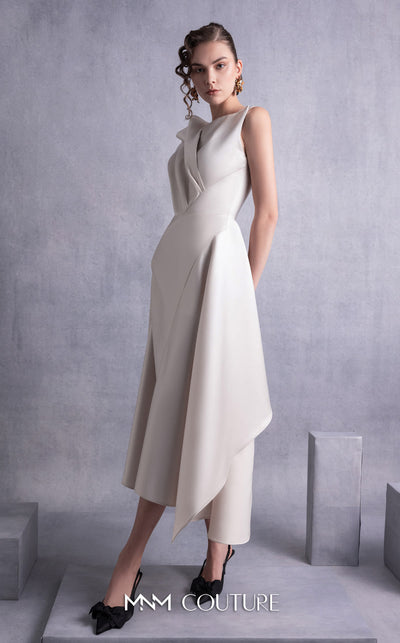 MNM Couture GOS2517 Gold champagne razmir dress with draped shoulder, cinched waist, and high slit, perfect for elegant evenings. | Couture Shop LA