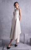 MNM Couture GOS2517 Gold champagne razmir dress with draped shoulder, cinched waist, and high slit, perfect for elegant evenings. | Couture Shop LA
