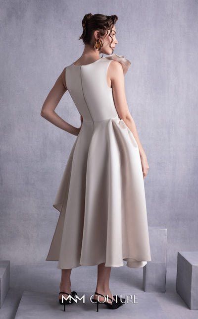 MNM Couture GOS2517 Gold champagne razmir dress with draped shoulder, cinched waist, and high slit, perfect for elegant evenings. | Couture Shop LA