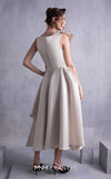 MNM Couture GOS2517 Gold champagne razmir dress with draped shoulder, cinched waist, and high slit, perfect for elegant evenings. | Couture Shop LA