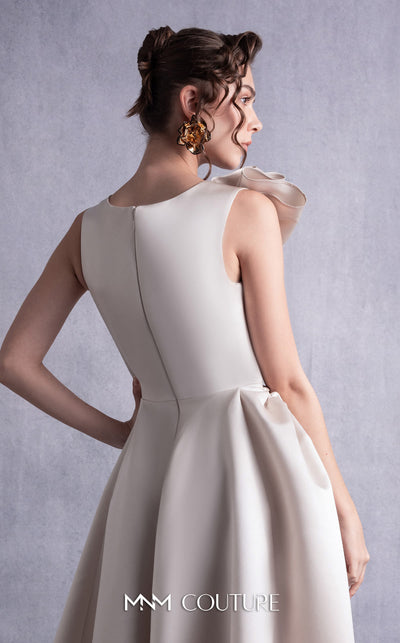 MNM Couture GOS2517 Gold champagne razmir dress with draped shoulder, cinched waist, and high slit, perfect for elegant evenings. | Couture Shop LA