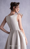 MNM Couture GOS2517 Gold champagne razmir dress with draped shoulder, cinched waist, and high slit, perfect for elegant evenings. | Couture Shop LA