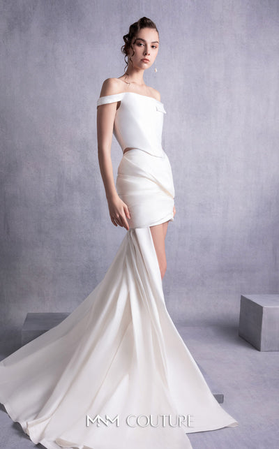 MNM Couture GOS2518 Draped taffeta skirt with sweeping train and off-shoulder piqué corset top with structured fit. | Couture Shop LA