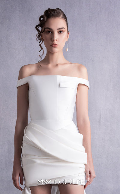 MNM Couture GOS2518 Draped taffeta skirt with sweeping train and off-shoulder piqu� corset top with structured fit. | Couture Shop LA