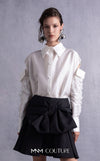 MNM Couture GOS2519 Black piqué skirt with bow design and off-white taffeta blouse with embroidered sleeves and cut-out shoulders. | Couture Shop LA