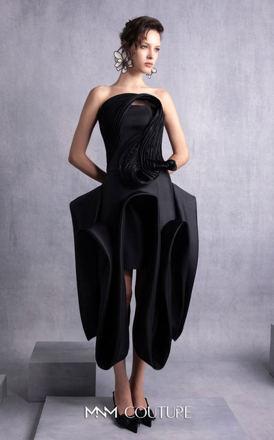 MNM Couture GOS2520 High-low black razmir skirt with dramatic folds and fitted corset with 3D lamé organza pleated accents. | Couture Shop LA