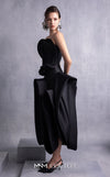 MNM Couture GOS2520 High-low black razmir skirt with dramatic folds and fitted corset with 3D lamé organza pleated accents. | Couture Shop LA