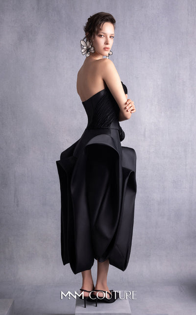 MNM Couture GOS2520 High-low black razmir skirt with dramatic folds and fitted corset with 3D lamé organza pleated accents. | Couture Shop LA