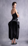 MNM Couture GOS2520 High-low black razmir skirt with dramatic folds and fitted corset with 3D lamé organza pleated accents. | Couture Shop LA