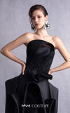 MNM Couture GOS2520 High-low black razmir skirt with dramatic folds and fitted corset with 3D lamé organza pleated accents. | Couture Shop LA