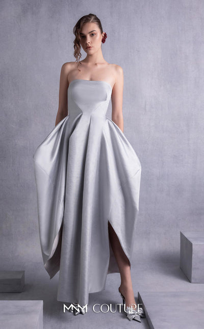 MNM Couture GOS2521 Silver mikado piqu� strapless dress with a form-fitting bodice and high-low hem, perfect for glamorous events. | Couture Shop LA