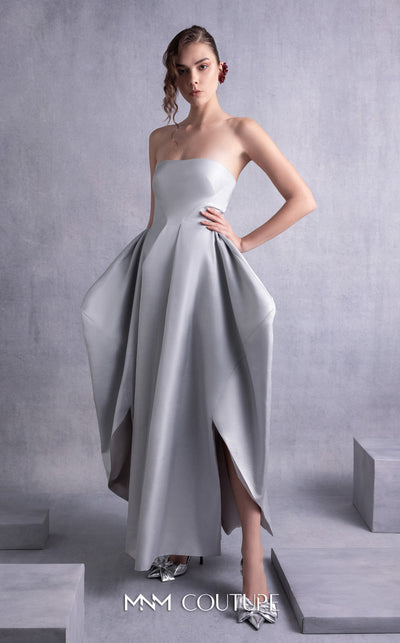 MNM Couture GOS2521 Silver mikado piqué strapless dress with a form-fitting bodice and high-low hem, perfect for glamorous events. | Couture Shop LA