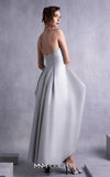 MNM Couture GOS2521 Silver mikado piqué strapless dress with a form-fitting bodice and high-low hem, perfect for glamorous events. | Couture Shop LA