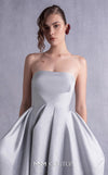 MNM Couture GOS2521 Silver mikado piqué strapless dress with a form-fitting bodice and high-low hem, perfect for glamorous events. | Couture Shop LA