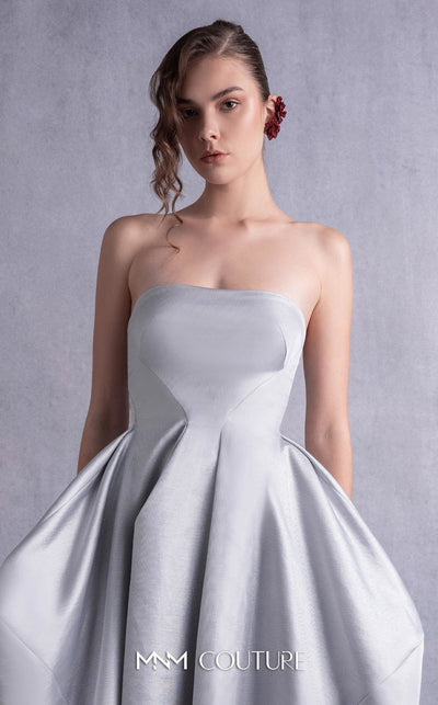 MNM Couture GOS2521 Silver mikado piqué strapless dress with a form-fitting bodice and high-low hem, perfect for glamorous events. | Couture Shop LA