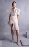MNM Couture GOS2522 Metallic crepe georgette skirt with pleated hem and sheer organza blouse with puffed sleeves and high collar. | Couture Shop LA