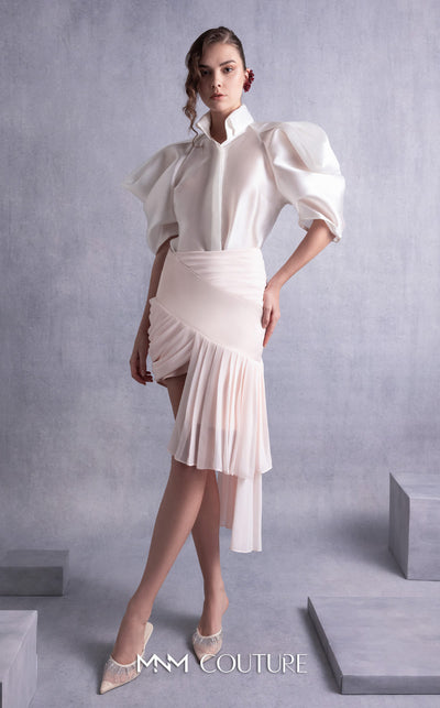 MNM Couture GOS2522 Metallic crepe georgette skirt with pleated hem and sheer organza blouse with puffed sleeves and high collar. | Couture Shop LA