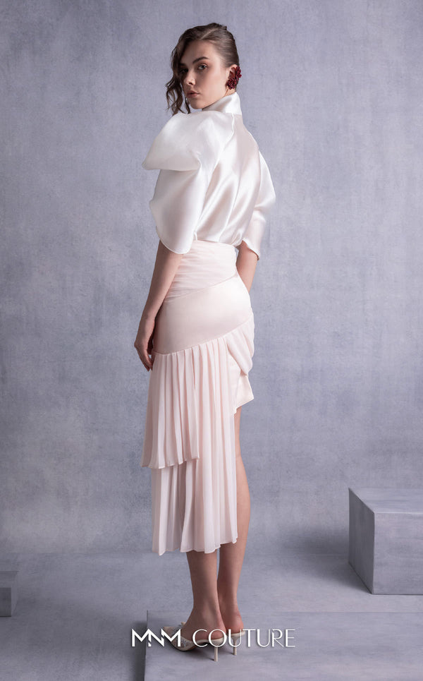 MNM Couture GOS2522 Metallic crepe georgette skirt with pleated hem and sheer organza blouse with puffed sleeves and high collar. | Couture Shop LA