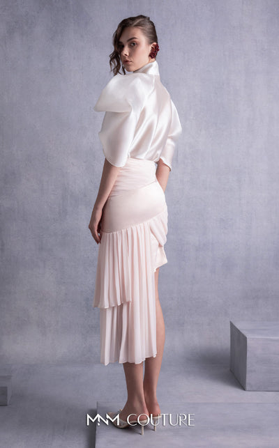 MNM Couture GOS2522 Metallic crepe georgette skirt with pleated hem and sheer organza blouse with puffed sleeves and high collar. | Couture Shop LA