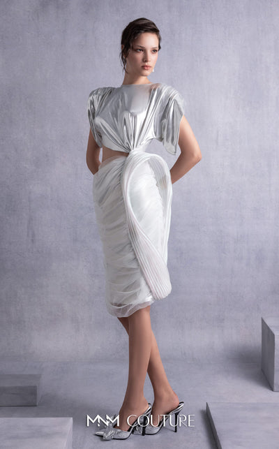 MNM Couture GOS2523 Silver lamé lycra dress with cutout design, side knot, draped tulle, and ribbed lamé organza accents. | Couture Shop LA