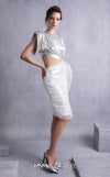 MNM Couture GOS2523 Silver lamé lycra dress with cutout design, side knot, draped tulle, and ribbed lamé organza accents. | Couture Shop LA