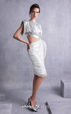 MNM Couture GOS2523 Silver lam� lycra dress with cutout design, side knot, draped tulle, and ribbed lam� organza accents. | Couture Shop LA