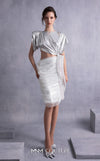 MNM Couture GOS2523 Silver lamé lycra dress with cutout design, side knot, draped tulle, and ribbed lamé organza accents. | Couture Shop LA