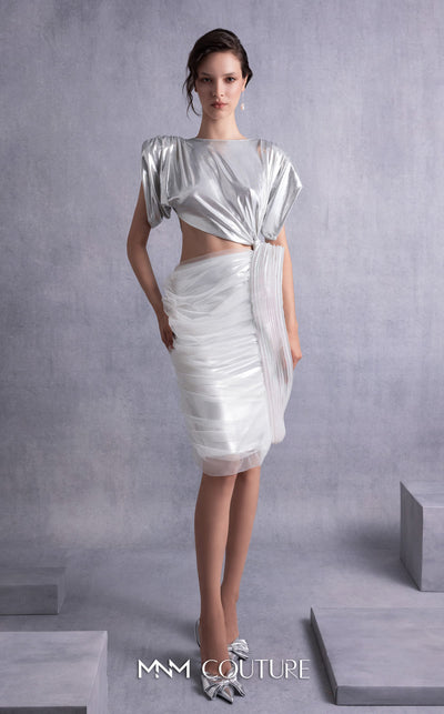 MNM Couture GOS2523 Silver lamé lycra dress with cutout design, side knot, draped tulle, and ribbed lamé organza accents. | Couture Shop LA