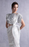 MNM Couture GOS2523 Silver lamé lycra dress with cutout design, side knot, draped tulle, and ribbed lamé organza accents. | Couture Shop LA