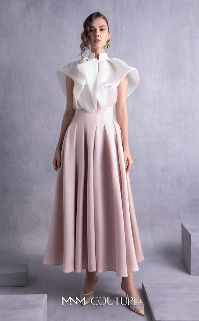 MNM Couture GOS2524 Pink mikado pleated midi skirt with high waist and off-white organza blouse with cascading pleats and high neckline. | Couture Shop LA