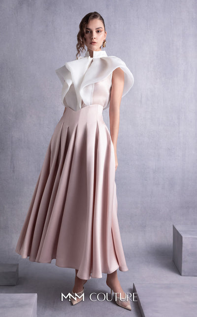 MNM Couture GOS2524 Pink mikado pleated midi skirt with high waist and off-white organza blouse with cascading pleats and high neckline. | Couture Shop LA