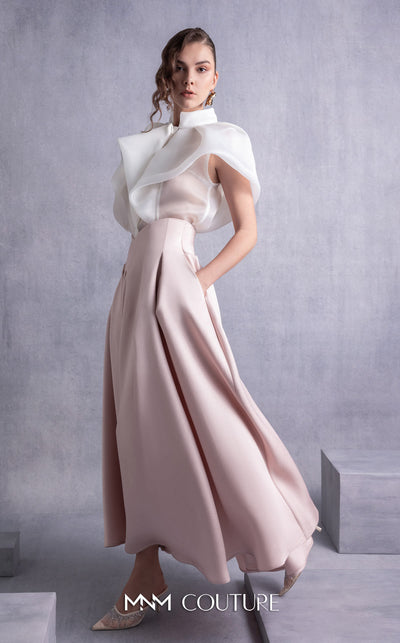 MNM Couture GOS2524 Pink mikado pleated midi skirt with high waist and off-white organza blouse with cascading pleats and high neckline. | Couture Shop LA