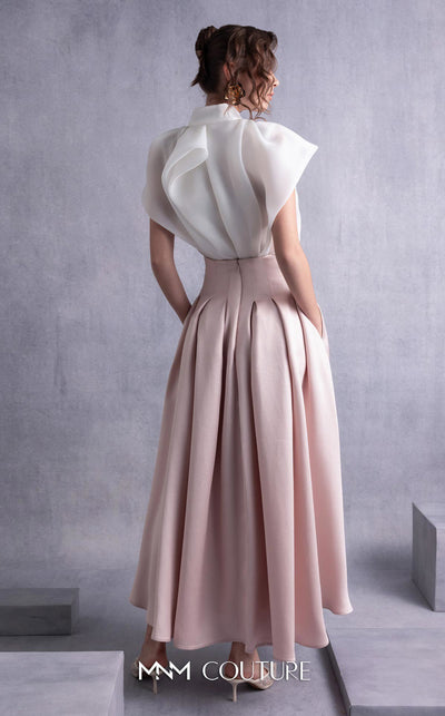 MNM Couture GOS2524 Pink mikado pleated midi skirt with high waist and off-white organza blouse with cascading pleats and high neckline. | Couture Shop LA