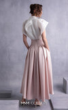 MNM Couture GOS2524 Pink mikado pleated midi skirt with high waist and off-white organza blouse with cascading pleats and high neckline. | Couture Shop LA