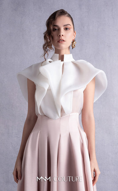 MNM Couture GOS2524 Pink mikado pleated midi skirt with high waist and off-white organza blouse with cascading pleats and high neckline. | Couture Shop LA