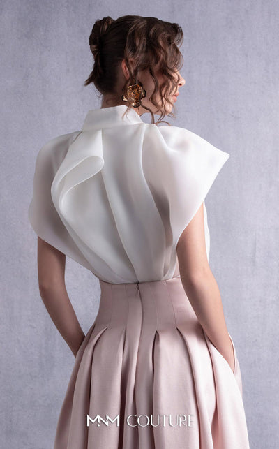 MNM Couture GOS2524 Pink mikado pleated midi skirt with high waist and off-white organza blouse with cascading pleats and high neckline. | Couture Shop LA