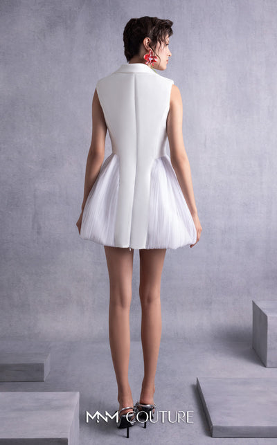 MNM Couture GOS2525 Off-white mikado piqu� jacket dress with tailored bodice, sharp lapels, and couture pliss� tulle side details. | Couture Shop LA